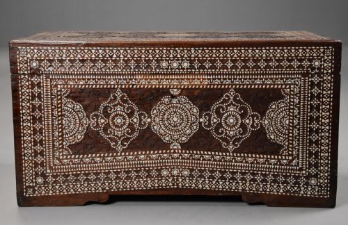 fig 2. Highly decorative near pair of early 20thc hardwood and mother of pearl Syrian trunks