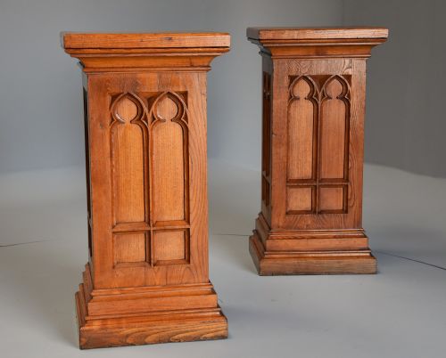 Pair of Late 19th Century Ash Pedestals in the Gothic Style of Good Patina
