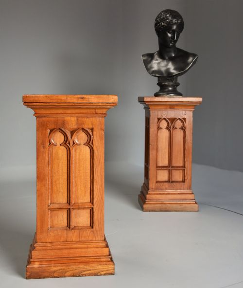 fig 1. Pair of late 19th century ash pedestals in the Gothic style of good patina 