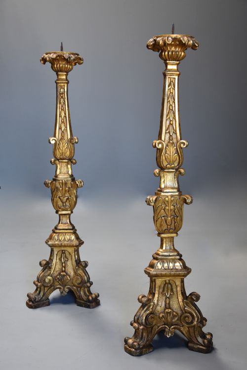 Pair of Large 18th Century Italian Rococo Carved Giltwood Pricket Candlesticks