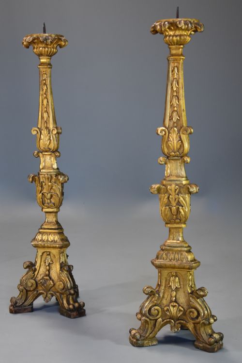 fig 1. Pair of large 18th century Italian Rococo carved giltwood pricket candlesticks
