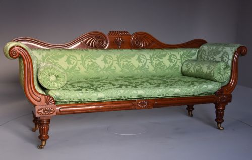 fig 1. 19th century late Regency scroll end mahogany sofa upholstered in green silk fabric