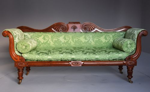 fig 2. 19th century late Regency scroll end mahogany sofa upholstered in green silk fabric