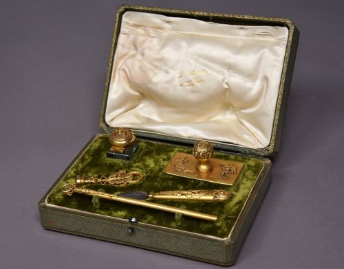 Superb Quality Five Piece Gilt Metal Writing Set in the Empire Style in Original Case