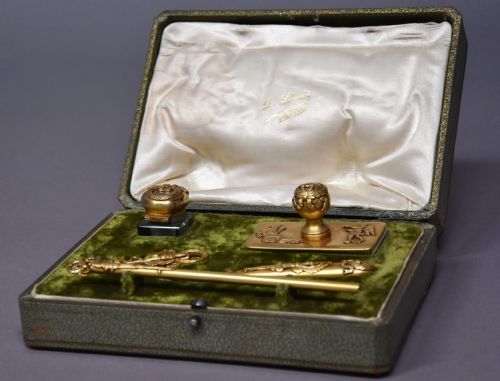 fig 1. Superb quality five piece gilt metal writing set in the Empire style in original case