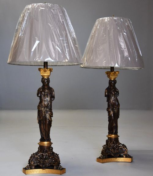 Large Pair of Superb Quality 19thc Bronze & Gilt Bronze Table Lamps, Signed Barbedienne