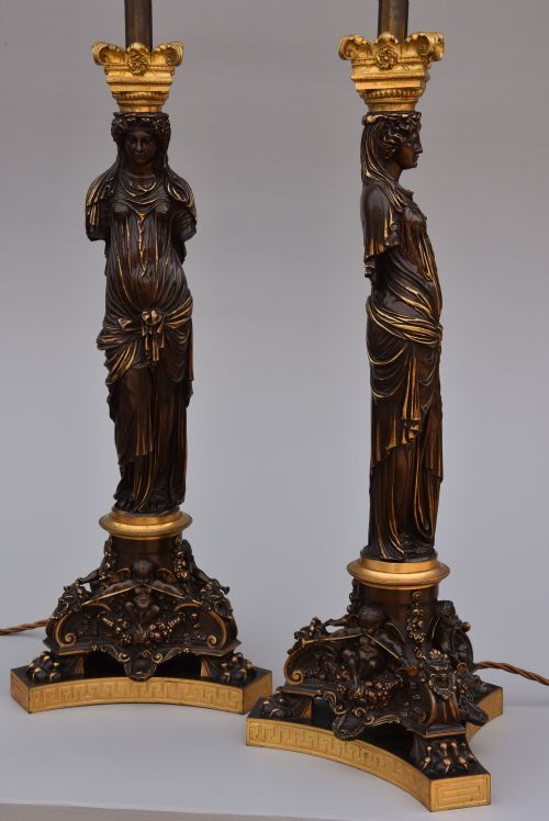fig 1. Large pair of superb quality 19thc bronze & gilt bronze table lamps, signed Barbedienne