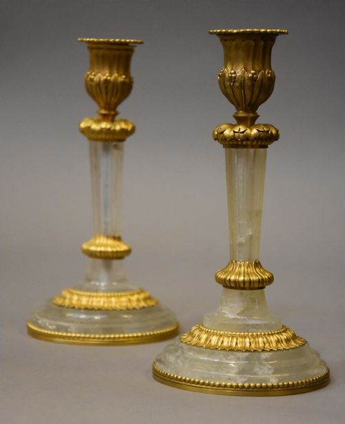 Super Pair of Elegant Early 20th Century Rock Crystal & Ormolu Candlesticks