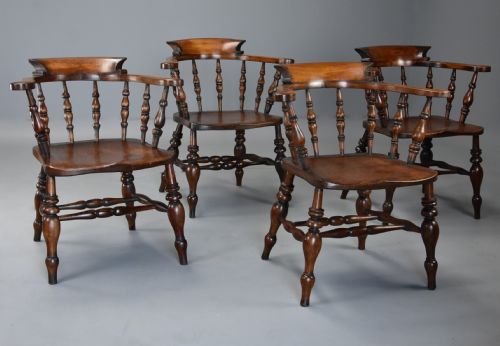 Set of Four Mid 19th Century Beech & Elm Smokers Bow Windsor or Captains Chairs