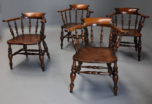 fig 1. Set of four mid 19th century beech & elm smokers bow Windsor or Captains chairs
