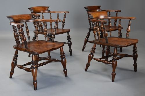 fig 2. Set of four mid 19th century beech & elm smokers bow Windsor or Captains chairs