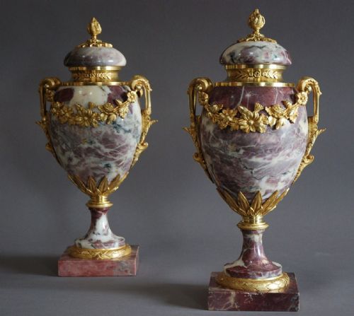 Superb Pair of French 19thc Fine Quality Breche Violette Marble Cassolettes in the Louis XVI Style