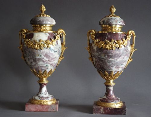 fig 1. Superb pair of French 19thc fine quality Breche Violette marble cassolettes in the Louis XVI style