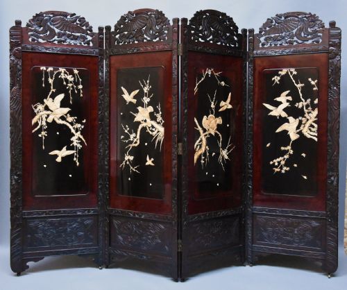 Large 19thc Japanese Meiji Period Four-fold Screen of Superb Quality with Shibayama Panels