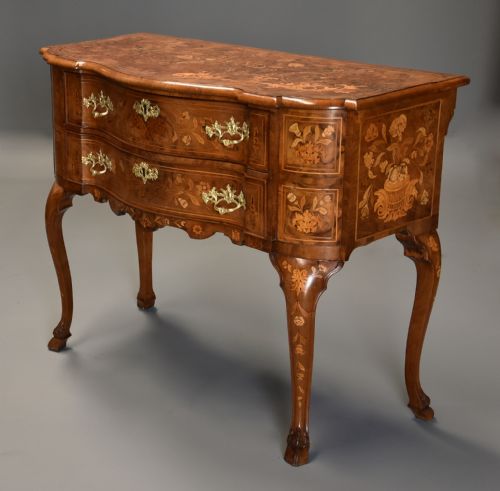 Fine Quality Mid 19th Century Floral Marquetry Walnut Lowboy of Serpentine Form