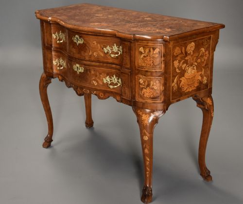 fig 1. Fine quality mid 19th century floral marquetry walnut lowboy of serpentine form