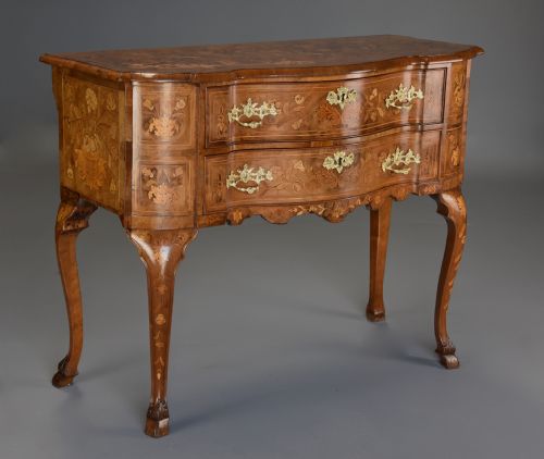 fig 2. Fine quality mid 19th century floral marquetry walnut lowboy of serpentine form