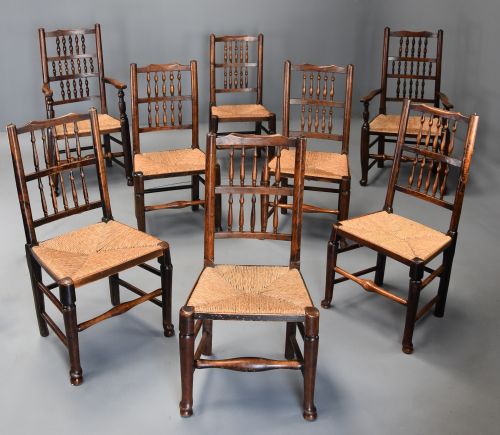 Matched Set of Eight Mid 19th Century Ash Spindle Back Chairs of Superb Patina