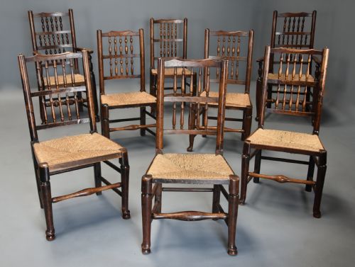 fig 1. Matched set of eight mid 19th century ash spindle back chairs of superb patina