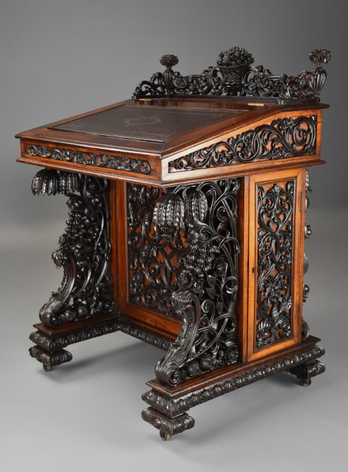 Exquisite Mid 19thc Anglo Indian Padouk & Satinwood Profusely Carved Freestanding Davenport of Large Scale