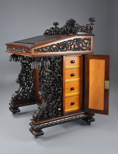 fig 2. Exquisite mid 19thc Anglo Indian padouk & satinwood profusely carved freestanding davenport of large scale