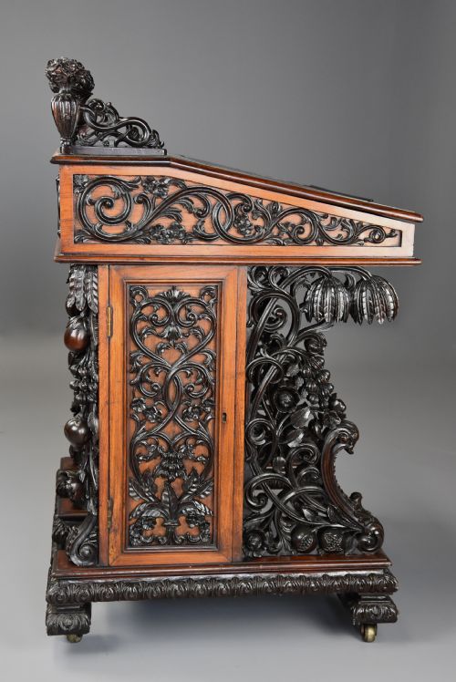 fig 4. Exquisite mid 19thc Anglo Indian padouk & satinwood profusely carved freestanding davenport of large scale