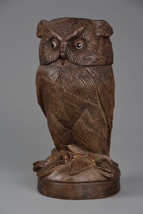 Finely Carved 19thc Black Forest Linden Wood Storage Jar in the Form of an Owl