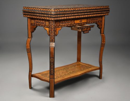 fig 3. Highly decorative early 20th century Middle Eastern Damascus inlaid games table