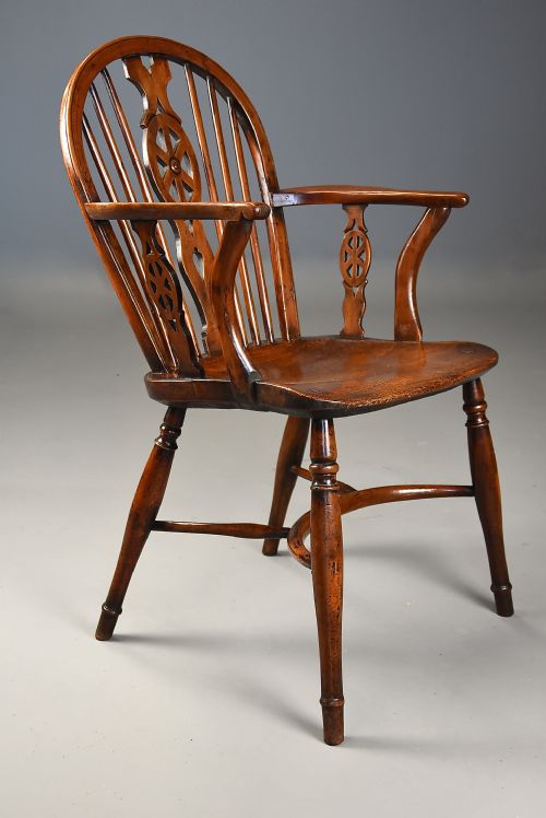 Extremely Rare & Unusual 19thc Yew Wood Wheelback Windsor Armchair with Excellent Patina