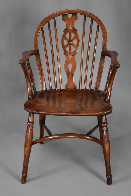 fig 1. Extremely rare & unusual 19thc yew wood wheelback Windsor armchair with excellent patina