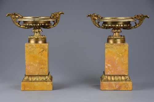 Pair of French Highly Decorative Early 20thc Gilt Metal Tazzas on Marble Bases in the Neoclassical Style