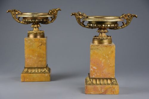 fig 1. Pair of French highly decorative early 20thc gilt metal tazzas on marble bases in the Neoclassical style