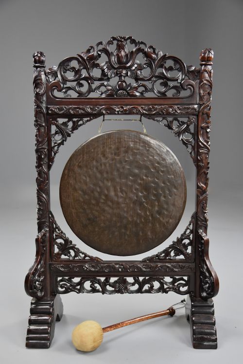 Fine Quality Highly Decorative Late 19thc Chinese Rosewood Dinner Gong with Striker