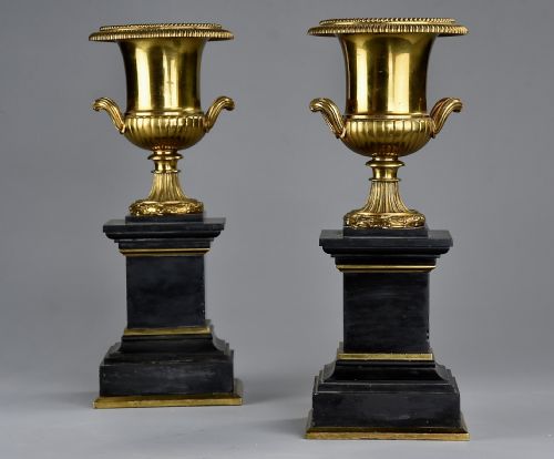 Highly Decorative Pair of French Late 19thc Brass Campana Urns on Slate Bases