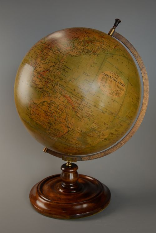 Early 20thc Philips 19 Inch Terrestrial Table Globe Supported on Walnut Base