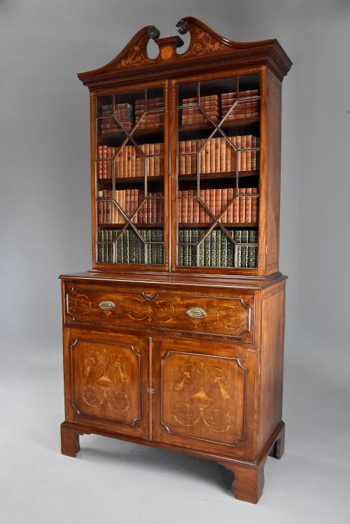 Fine Quality Sheraton Period Mahogany Secretaire Bookcase with Inlaid Decoration
