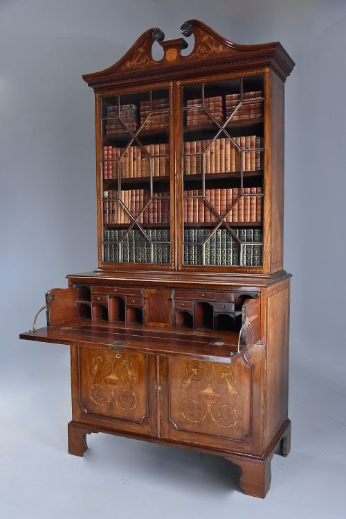 fig 1. Fine quality Sheraton period mahogany secretaire bookcase with inlaid decoration