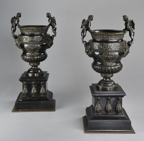 Pair of Late 19thc Bronze Urns After a Design of a Pair of Urns at the Palace of Versailles