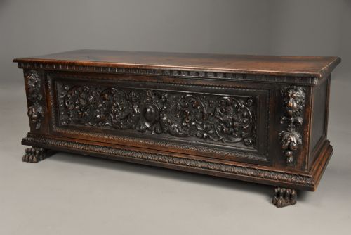 Late 16th Century Italian Carved Walnut Cassone (Marriage Chest) of Fine Patina