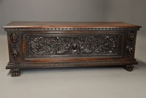 fig 1. Late 16th century Italian carved walnut cassone (marriage chest) of fine patina