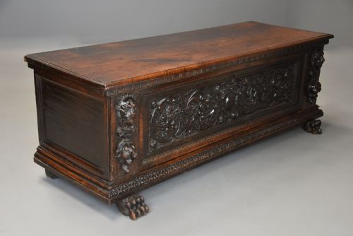 fig 2. Late 16th century Italian carved walnut cassone (marriage chest) of fine patina