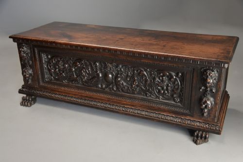 fig 3. Late 16th century Italian carved walnut cassone (marriage chest) of fine patina