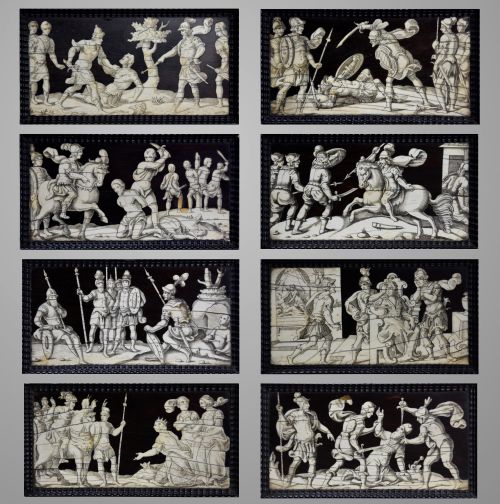 Set of Eight Italian 17thc Ebony and Ivory Engraved Panels, Possibly Neapolitan