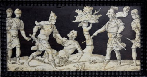 fig 1. Set of eight Italian 17thc ebony and ivory engraved panels, possibly Neapolitan