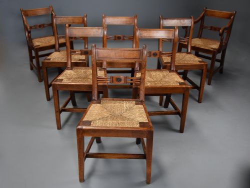 fig 1. Charming set of eight early 19thc elm country chairs of good patina, probably East Anglian 