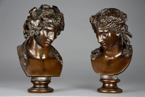 Superb Pair of French 19thc Grand Tour Busts of Antinous as Dionysus and Ariadne