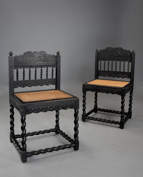 Superb Quality Matched Pair of Mid 17thc Solid Ebony Carved Chairs from the Coromandel Coast, India
