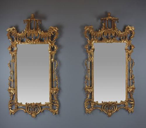 Pair of Fine Quality Chinese Chippendale Style Carved Giltwood Mirrors.
