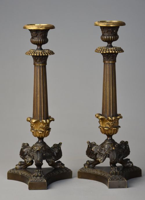 Fine Quality Pair of Early 19thc Regency Bronze and Gilt Bronze Candlesticks