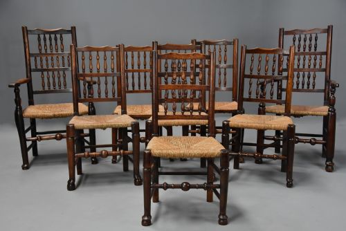 Matched Set of Eight Mid 19thc Ash, Elm and Sycamore Spindle Back Chairs of Super Patina